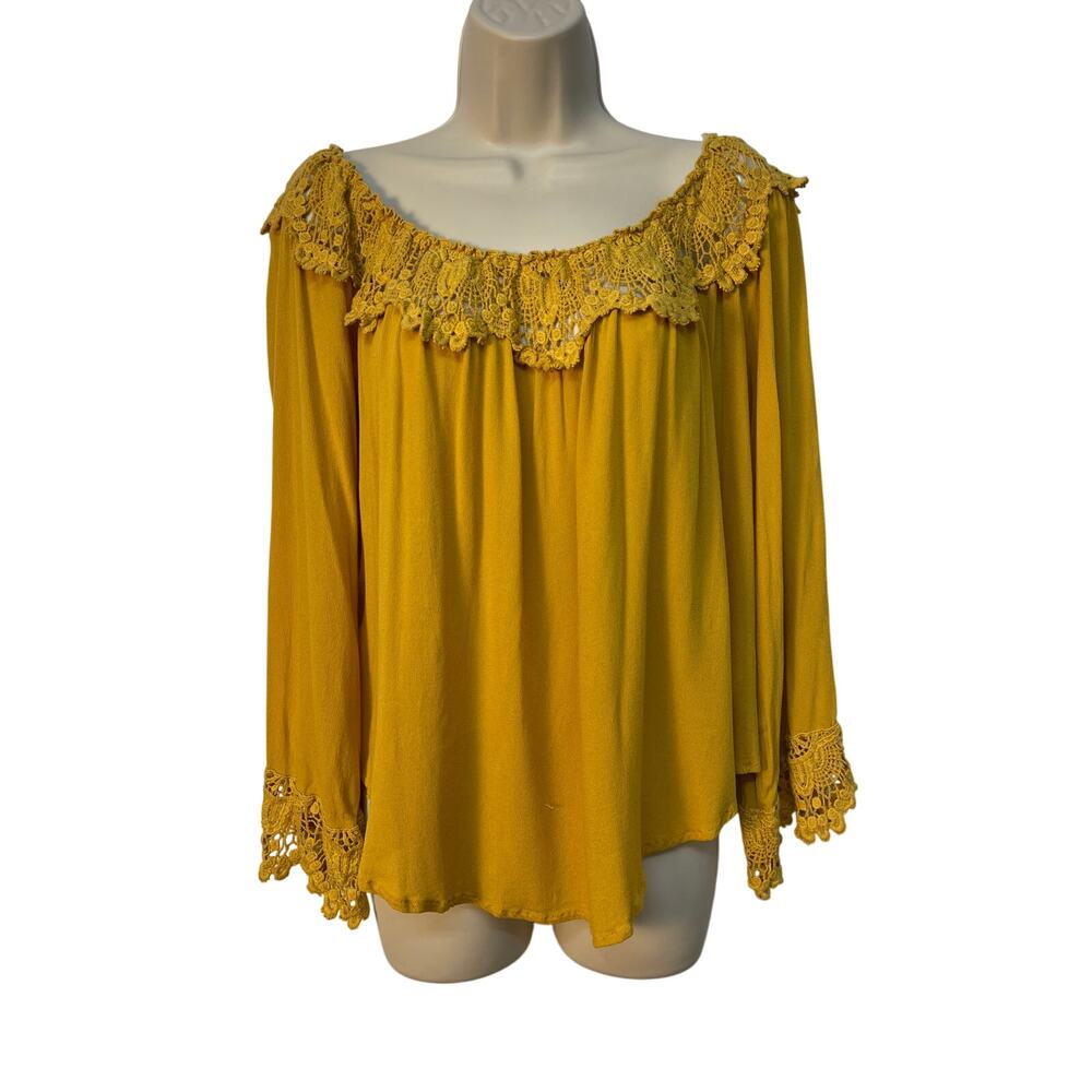 Coco + Jaimeson Mustard Yellow Crochet Lace Boho Top CW0857-ACY Womens Medium